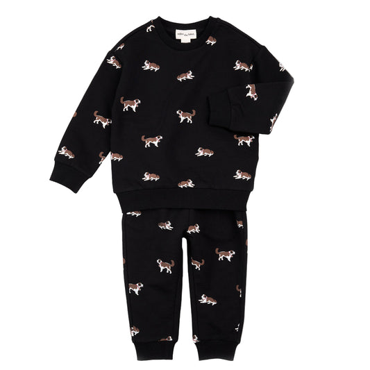 Saint Bernard Print on Black Fleece Jogger Set