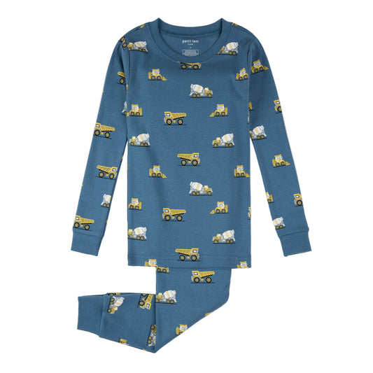 Baby Construction Truck Print on Cobalt Blue PJ Set