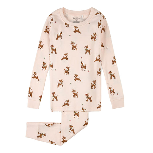 Baby Reindeer Print on Soft Pink PJ Set