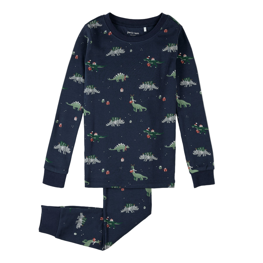 Boy Holiday Dinosaur Print on Navy PJ Set