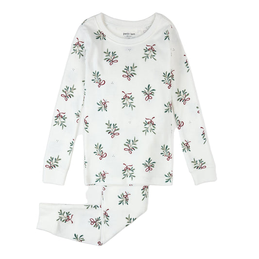 Mistletoe Print on Off-White PJ Set