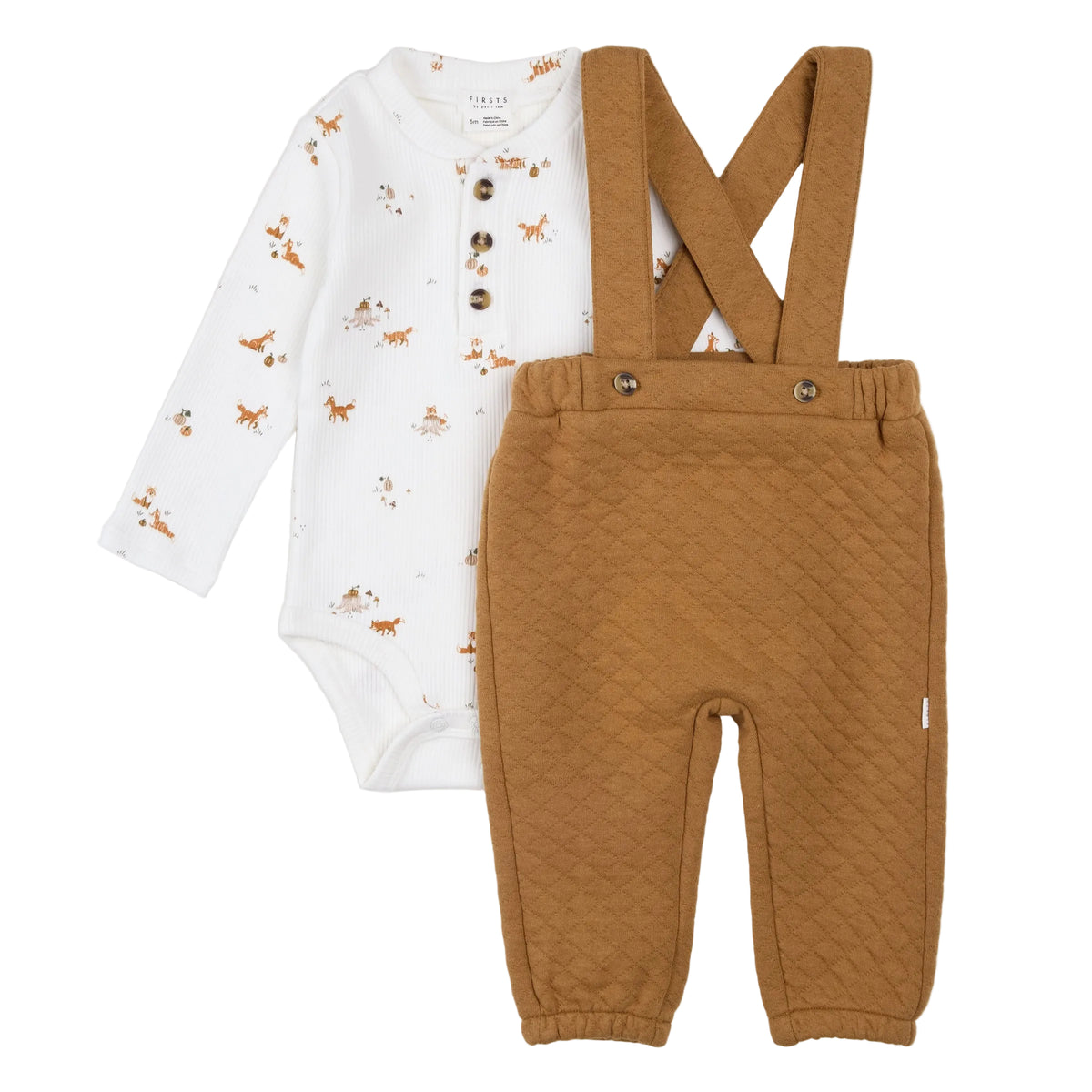 Fox Kit Print Amber Quilted Overall Set