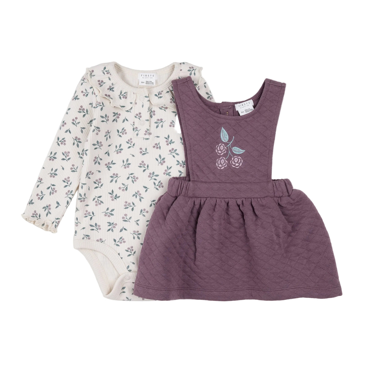 Floral & Eggplant Quilted Overall Dress Set flat lay