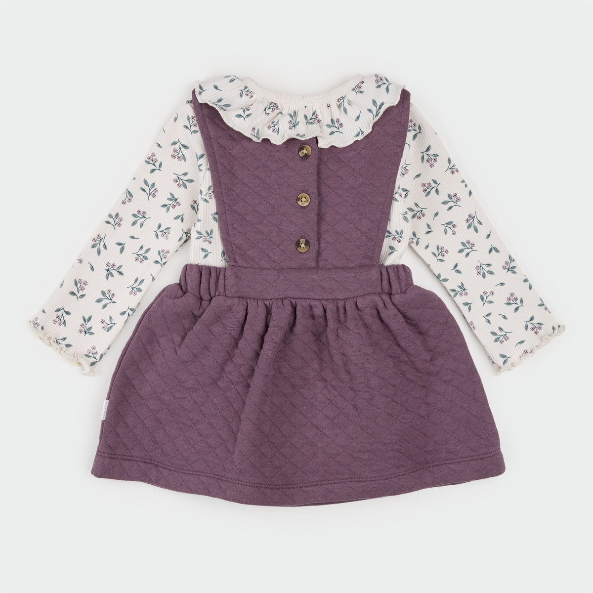 Floral & Eggplant Quilted Overall Dress Set back flat lay
