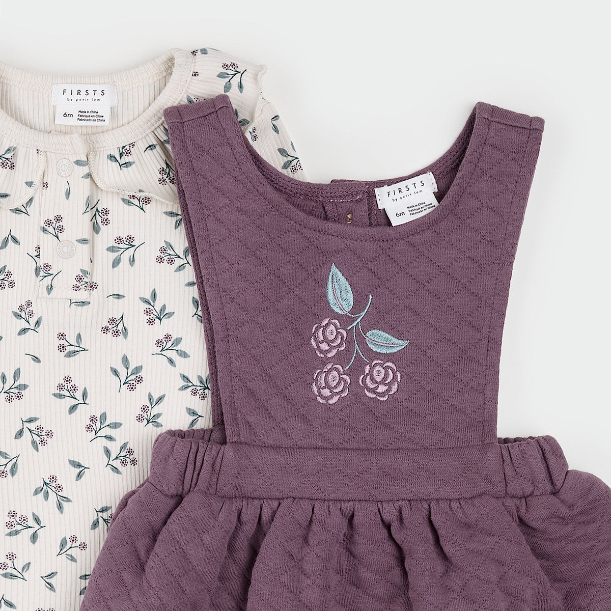 Floral & Eggplant Quilted Overall Dress Set cropped flat lay