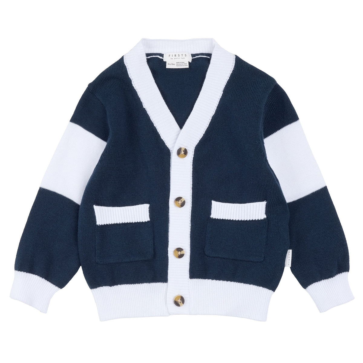 Navy Hockey Cardigan flat lay
