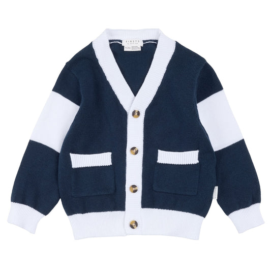 Navy Hockey Cardigan flat lay
