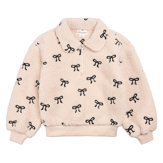 Bows Embroidered Sherpa Almond Half-Zip Pull-Over