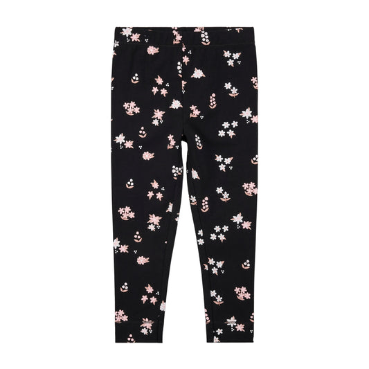 Pink Flowers Print on Black Leggings