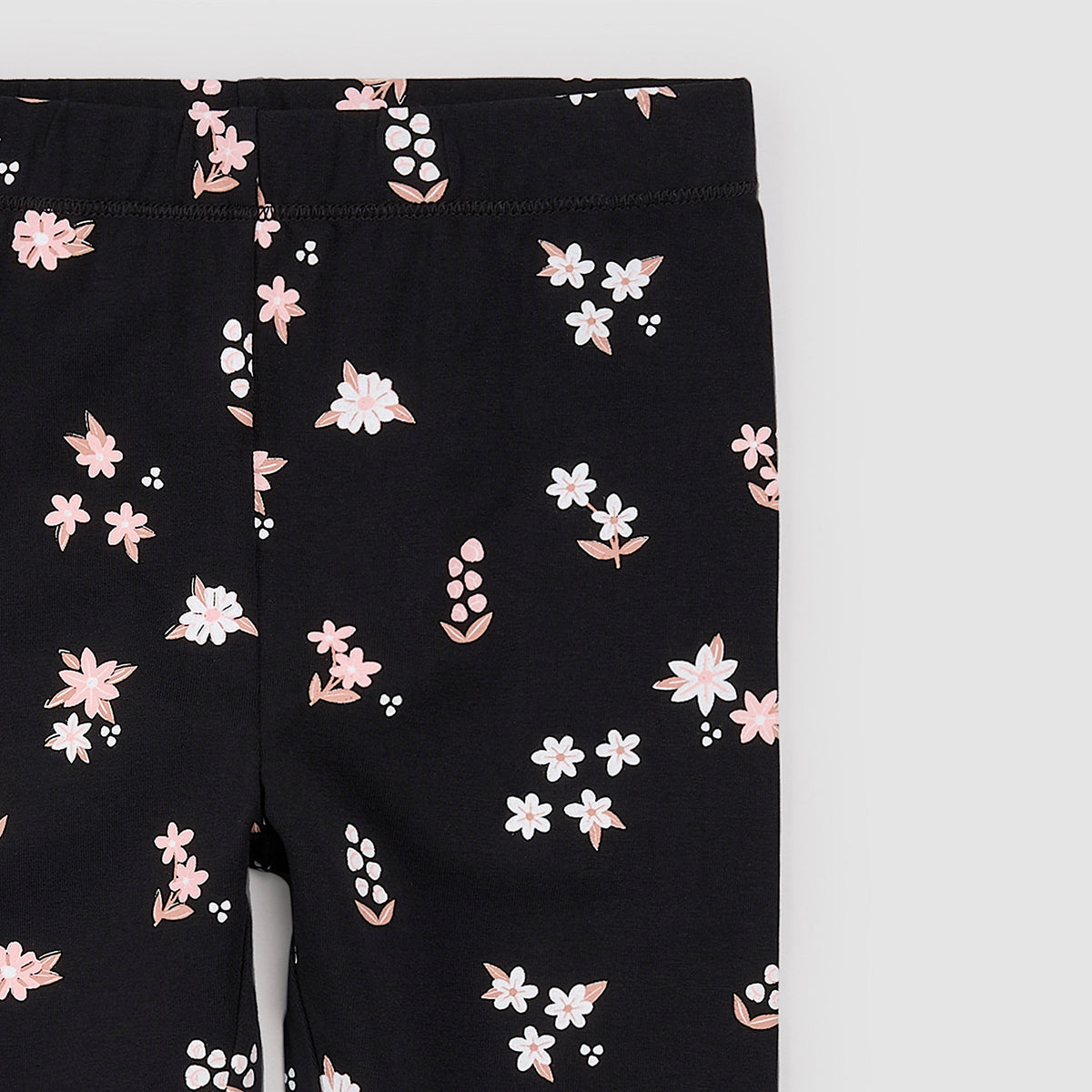 Pink Flowers Print on Black Leggings detail