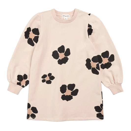 Bold Flower Print on Almond Fleece Sweater Dress