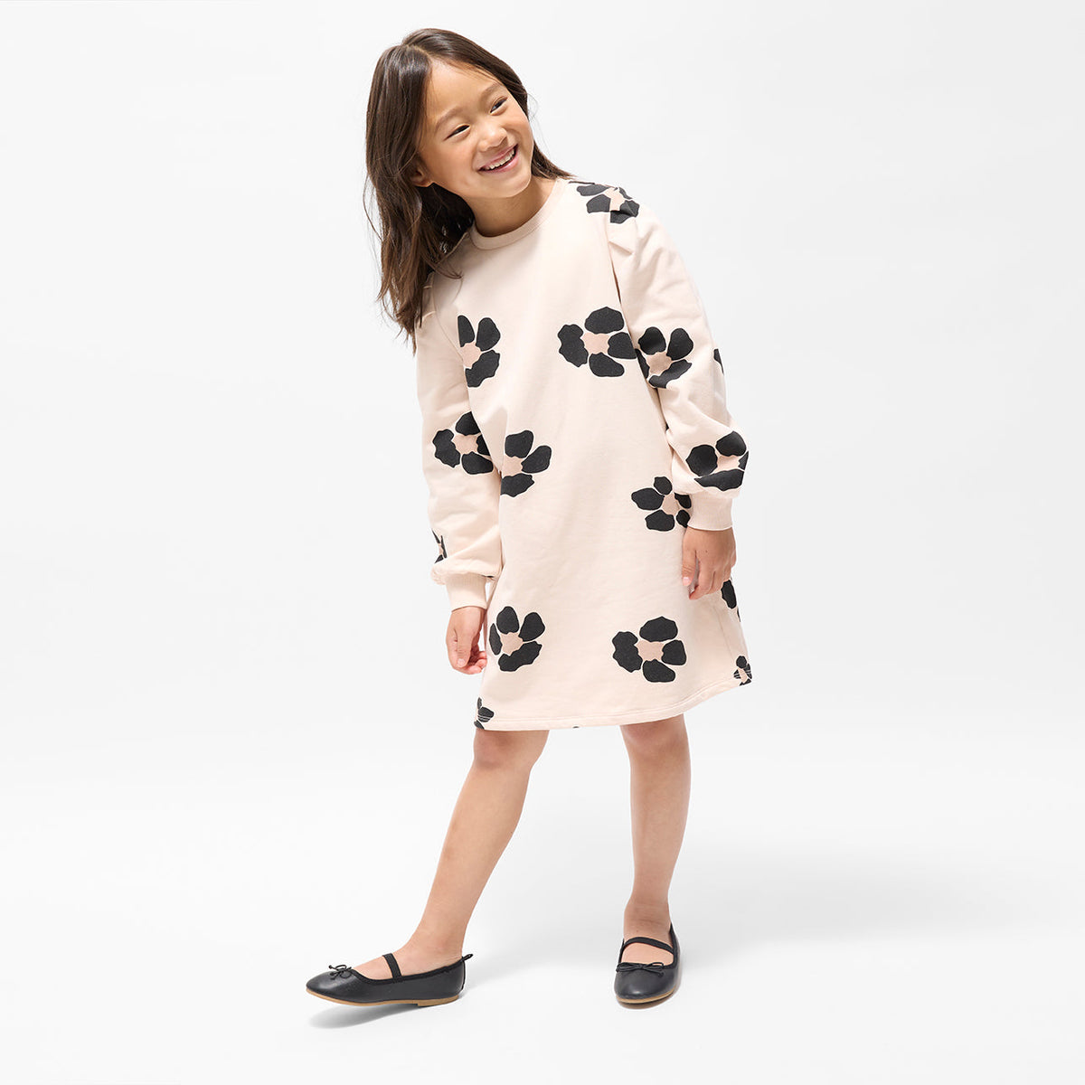 Bold Flower Print on Almond Fleece Sweater Dress