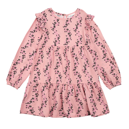 Floral Vines Print on Pink Viscose Woven Tiered Dress