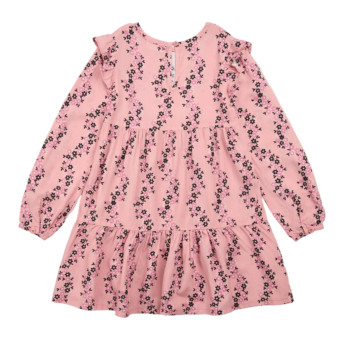 Floral Vines Print on Pink Viscose Woven Tiered Dress back