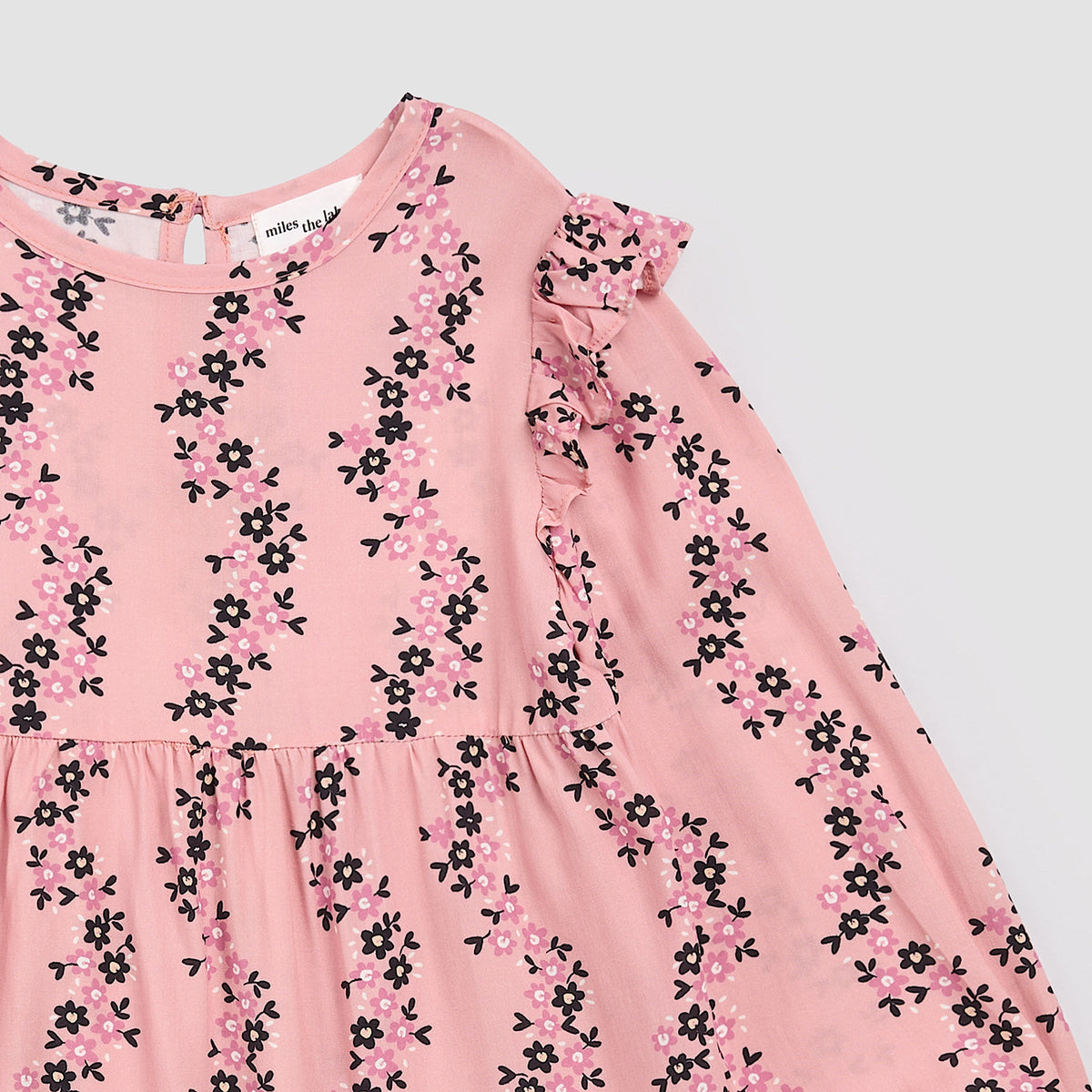 Floral Vines Print on Pink Viscose Woven Tiered Dress detail