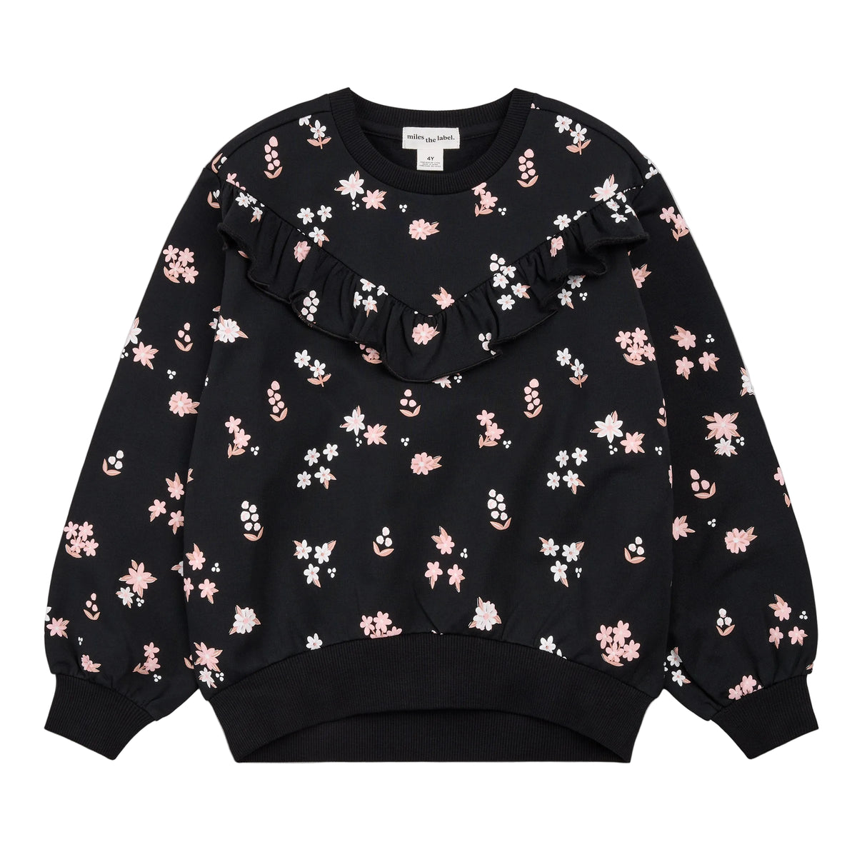 Pink Flowers Print on Black Fleece Sweatshirt