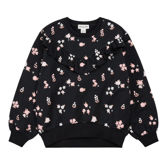 Pink Flowers Print on Black Fleece Sweatshirt