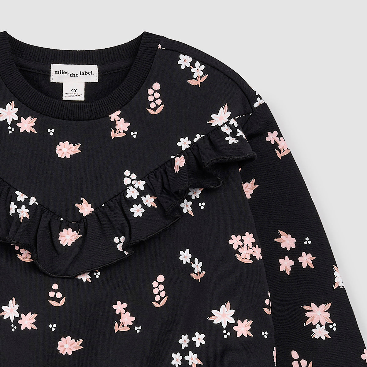 Pink Flowers Print on Black Fleece Sweatshirt detail
