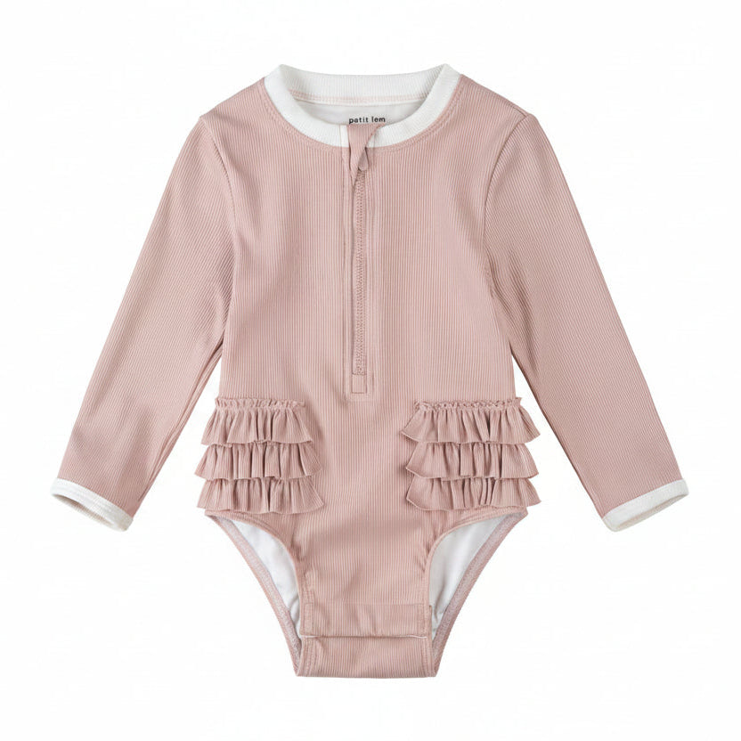 Lavender Ribbed Long-Sleeve One-Piece Baby Swimsuit