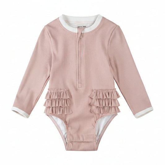 Lavender Ribbed Long-Sleeve One-Piece Baby Swimsuit