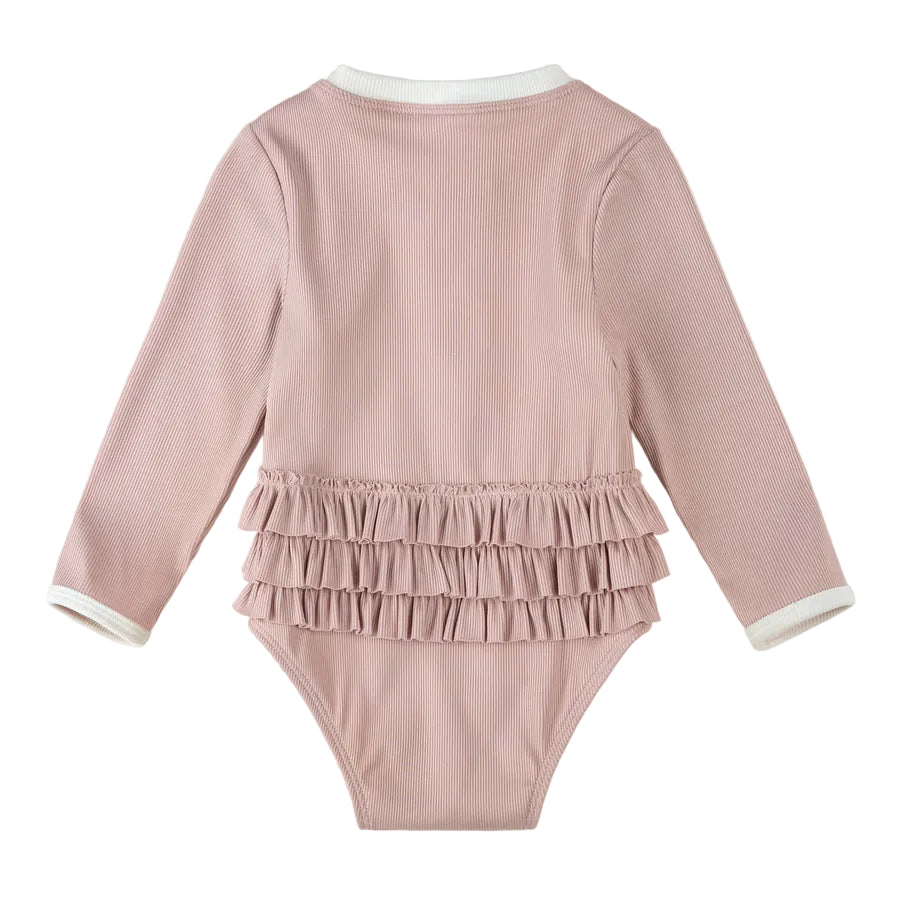 Lavender Ribbed Long-Sleeve One-Piece Baby Swimsuit