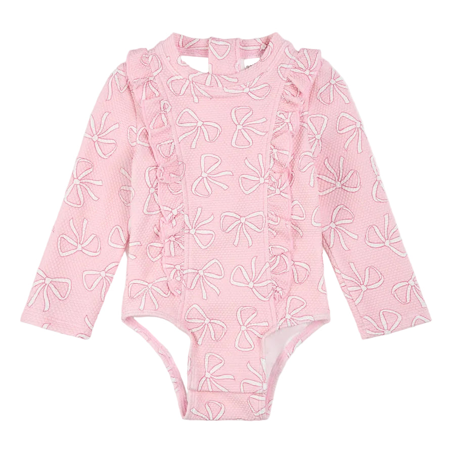 Bows Print on Light Pink Long-Sleeve One-Piece Swimsuit
