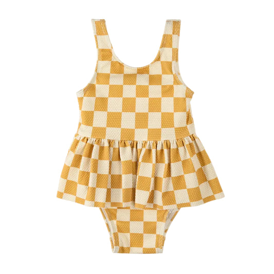Orange Checkerboard Skirted Baby Swimsuit