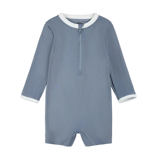 Dusty Blue Long-Sleeve Swim Romper
