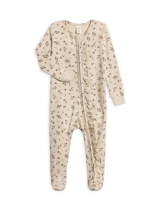 Neve Ruffle Zipper Footie: Betty Floral / Purple + Olive