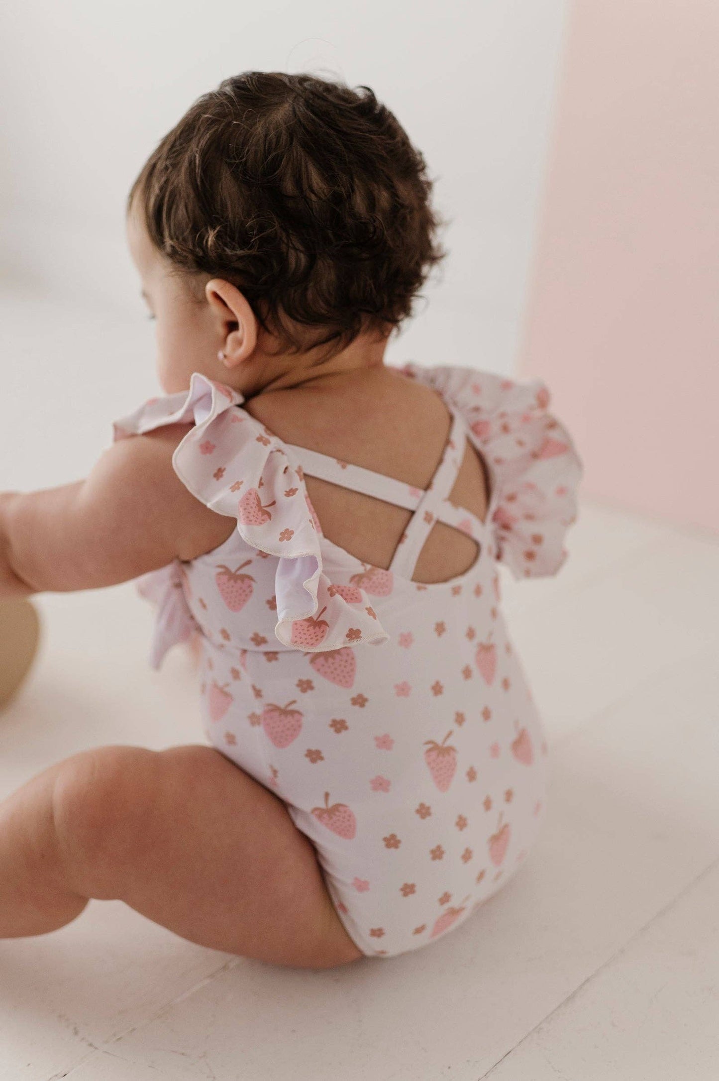 Strawberries Ruffle Sleeve Cross Back Swimsuit