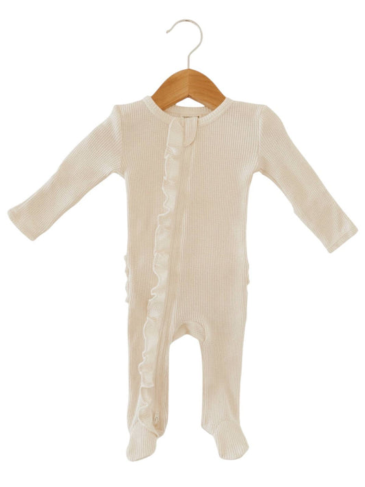 Organic Waffle 2-Way Zip Ruffle Footie - Snow