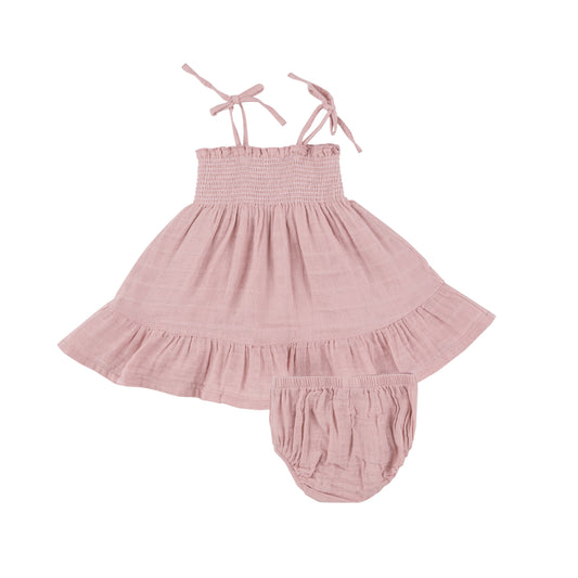 Dusty Pink Solid Muslin Tie Strap Smocked Sun Dress Diaper Cover
