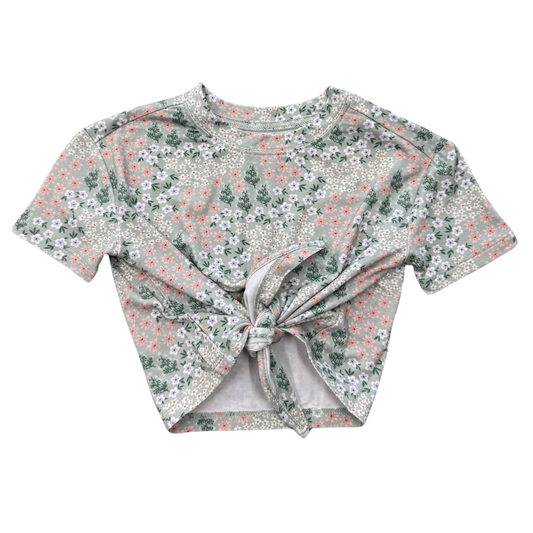 Aqua Grey Floral Tie Front Shirt
