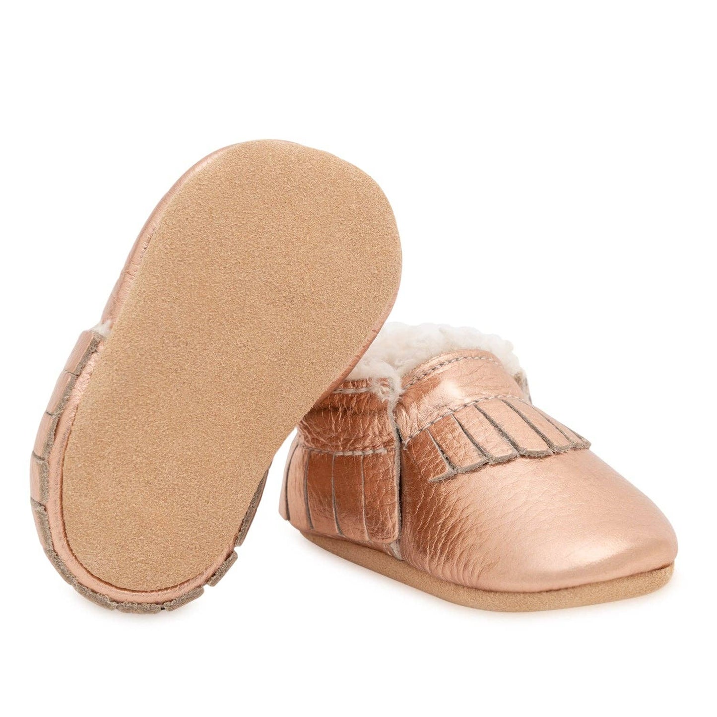 Rose Gold Leather Sherpa Baby Moccasins