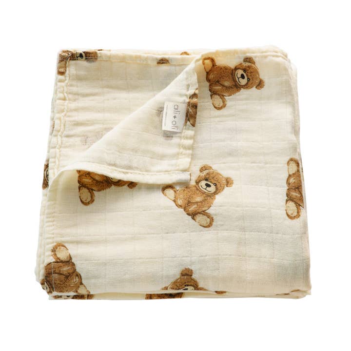Bamboo Muslin Swaddle Blanket- Teddy Bear