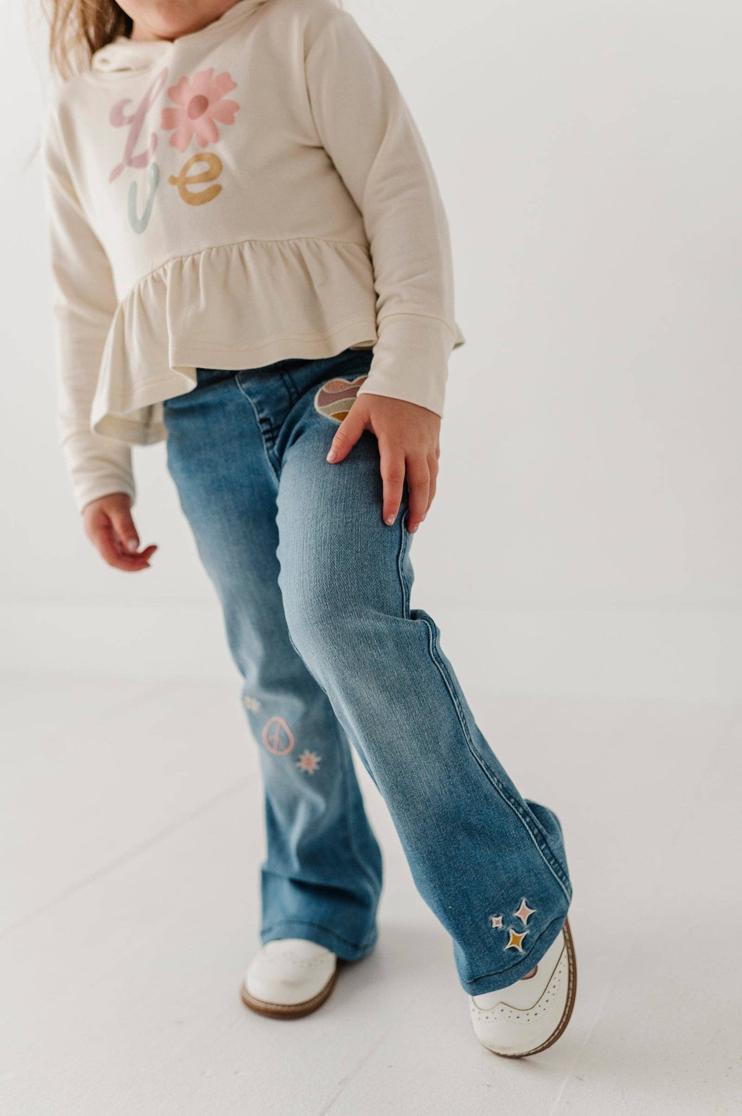 Mid Blue Wash Patch Denim Flare Jeans
