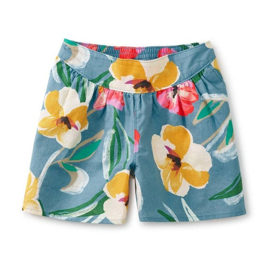Culotte Shorts: Painterly Hibiscus in Blue
