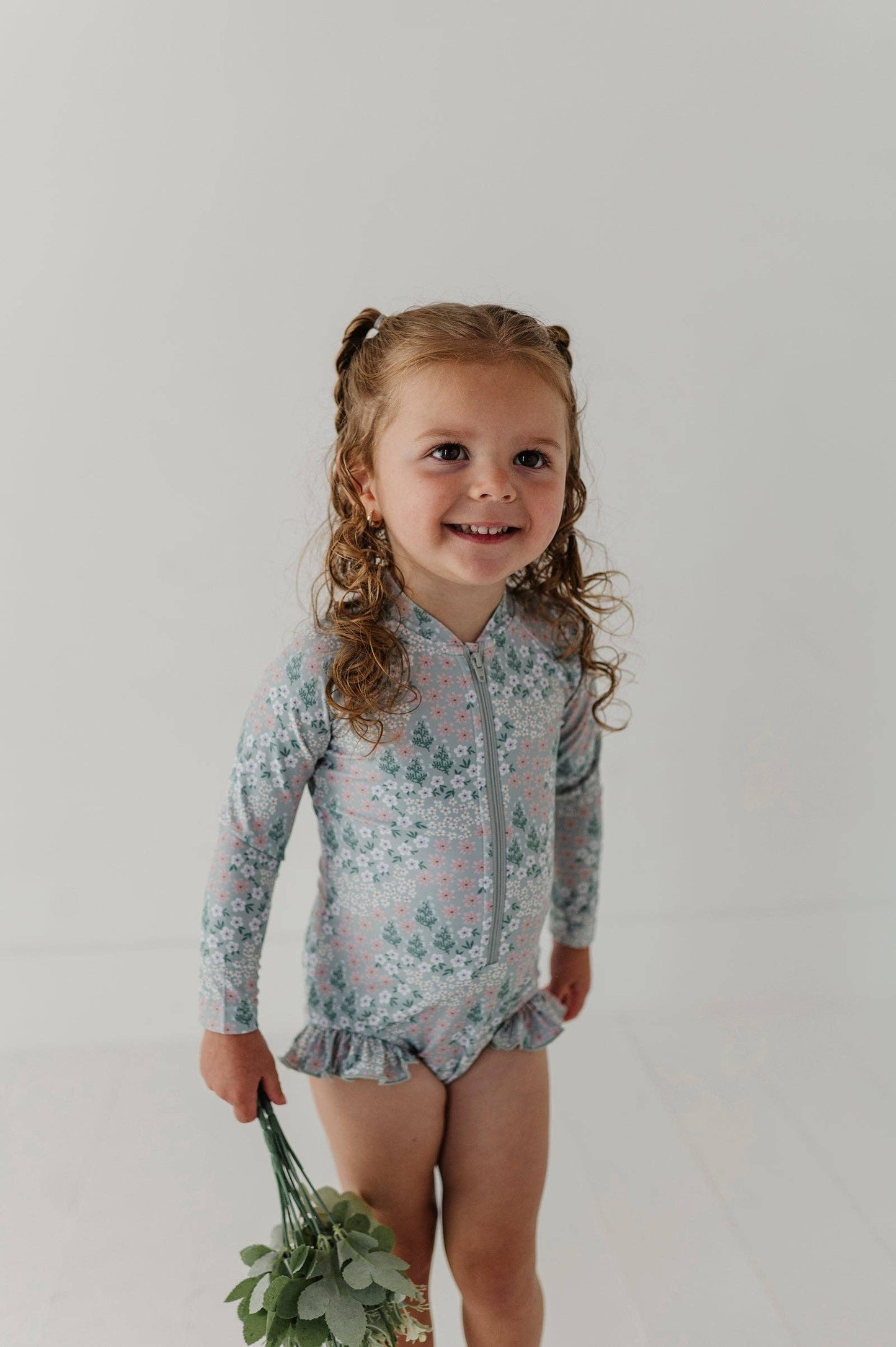 Aqua Grey Floral One-Piece Ruffle Rash Guard Swimsuit