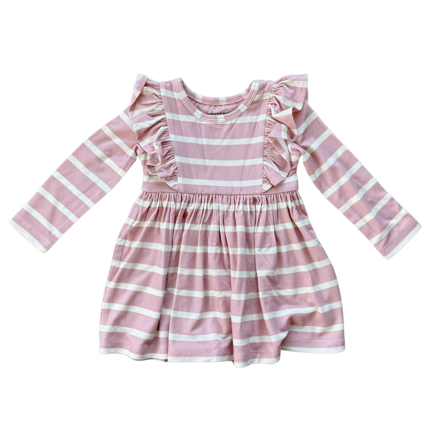 Long Sleeve Bamboo Ruffle Dress: Misty Rose Stripe