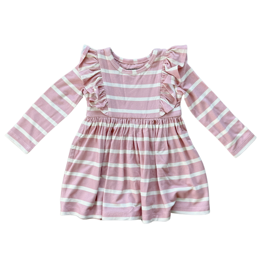 Long Sleeve Bamboo Ruffle Dress: Misty Rose Stripe