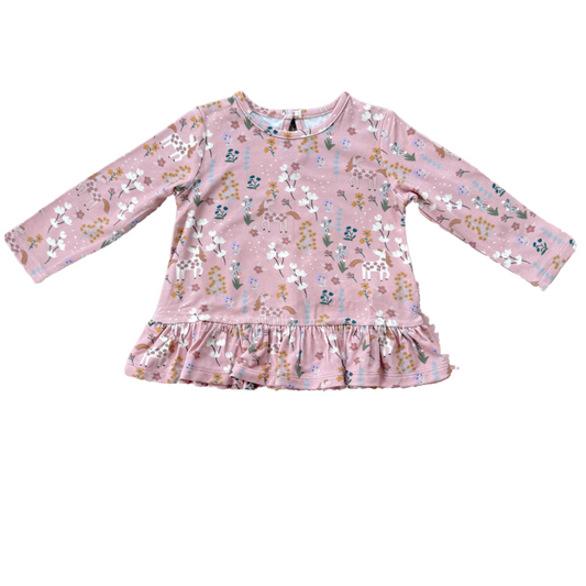 Long Sleeve Bamboo Peplum Top: Unicorn