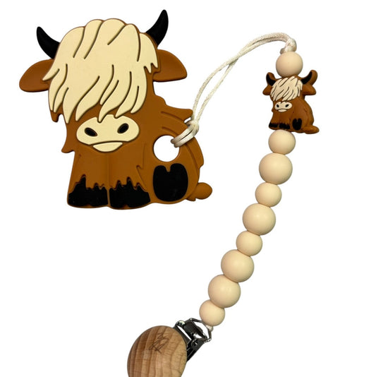 Teether & Clip Set- Highland Cow Brown