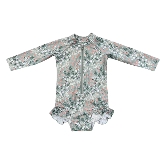 Aqua Grey Floral One-Piece Ruffle Rash Guard Swimsuit