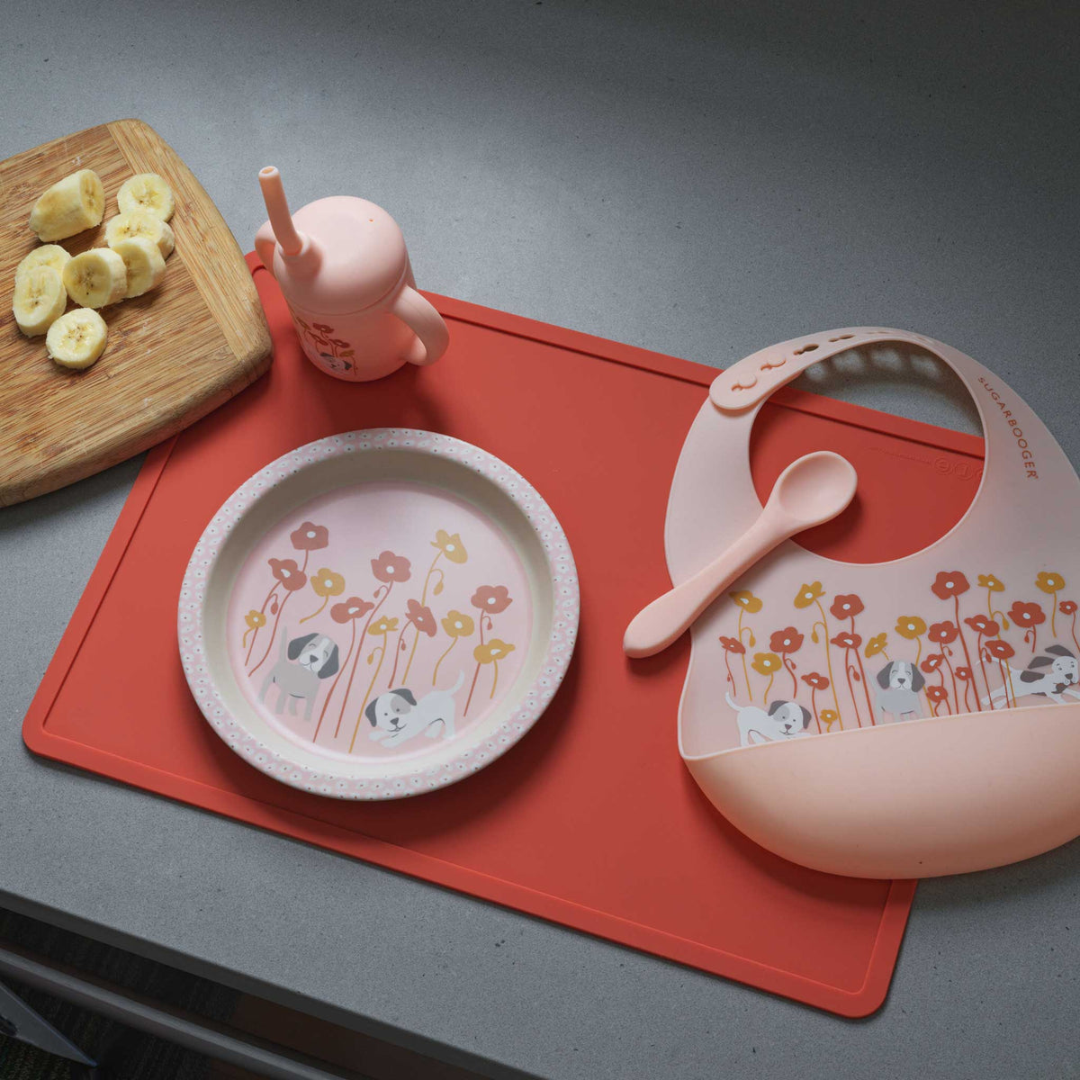Silicone Bib & Spoon Set | Puppies & Poppies