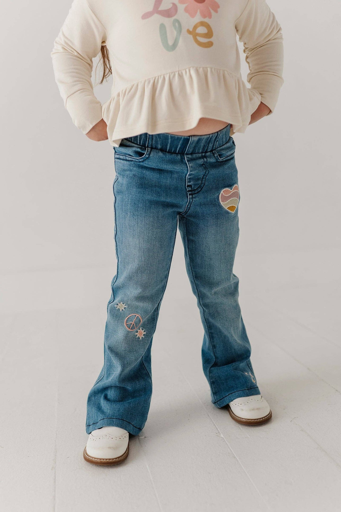 Mid Blue Wash Patch Denim Flare Jeans