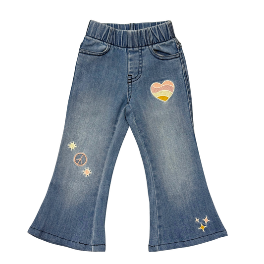 Mid Blue Wash Patch Denim Flare Jeans