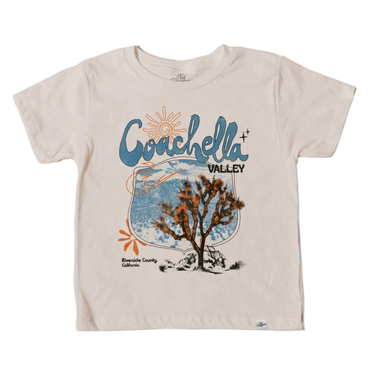 Beige t-shirt with 'Coachella Valley' graphic design on a light gray background