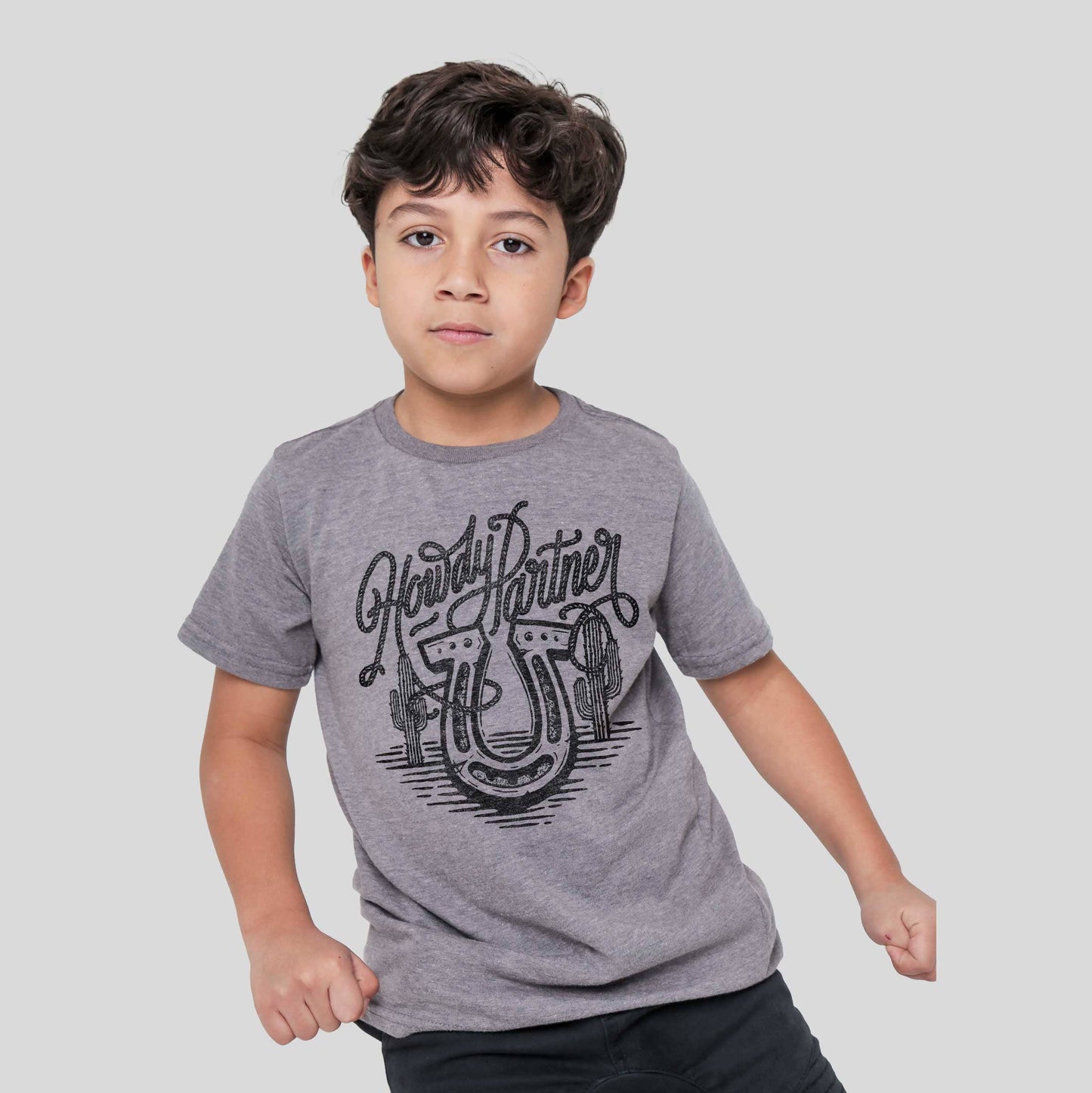 Kids Howdy Partner Western T-Shirt Grey Graphic Tee