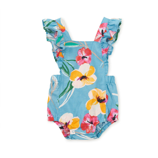 Ruffle Bubble Baby Romper: Painterly Hibiscus in Blue