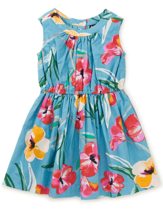 Sleeveless Skirted Dress: Painterly Hibiscus in Blue